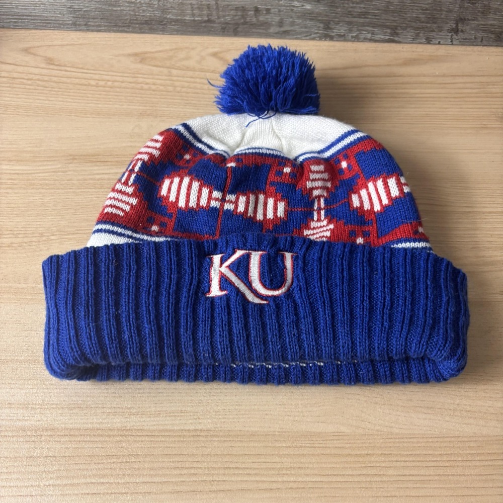Kansas Jayhawks Hat Beanie Mens One Size Blue White NCAA College Pom Adidas